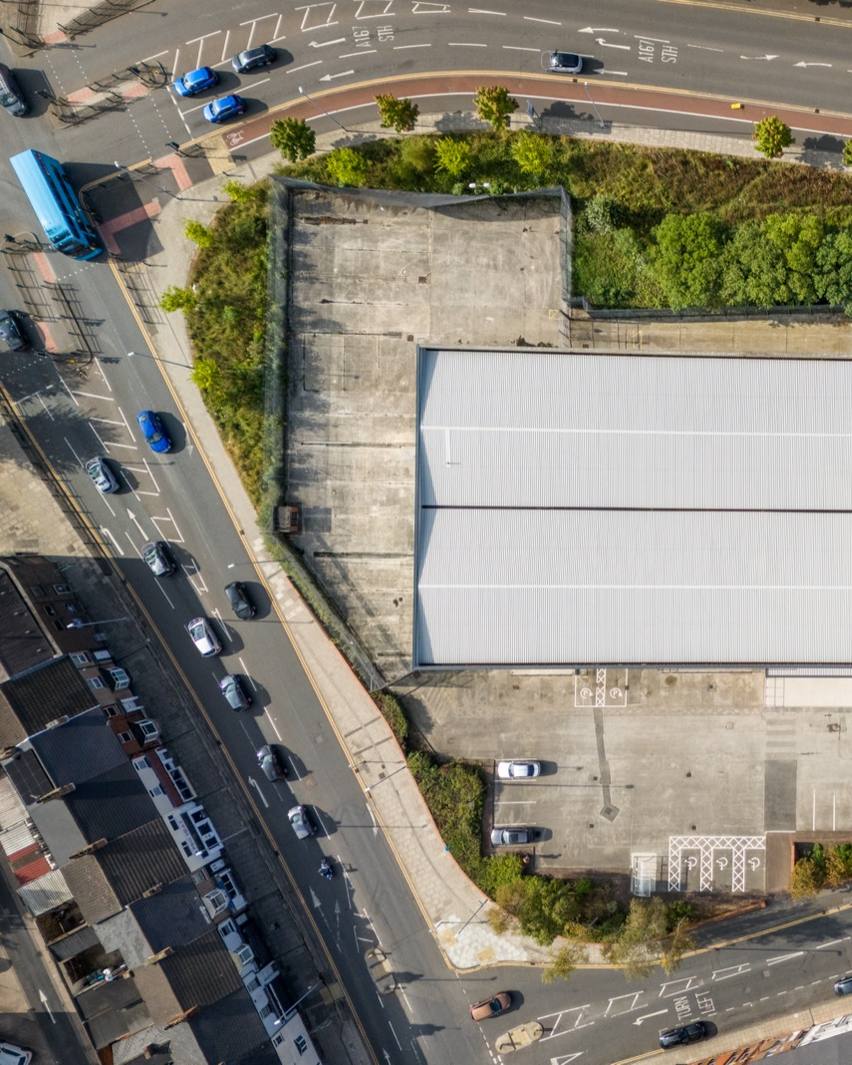 Aerial view of The Store Room Darlington site and the roads around it